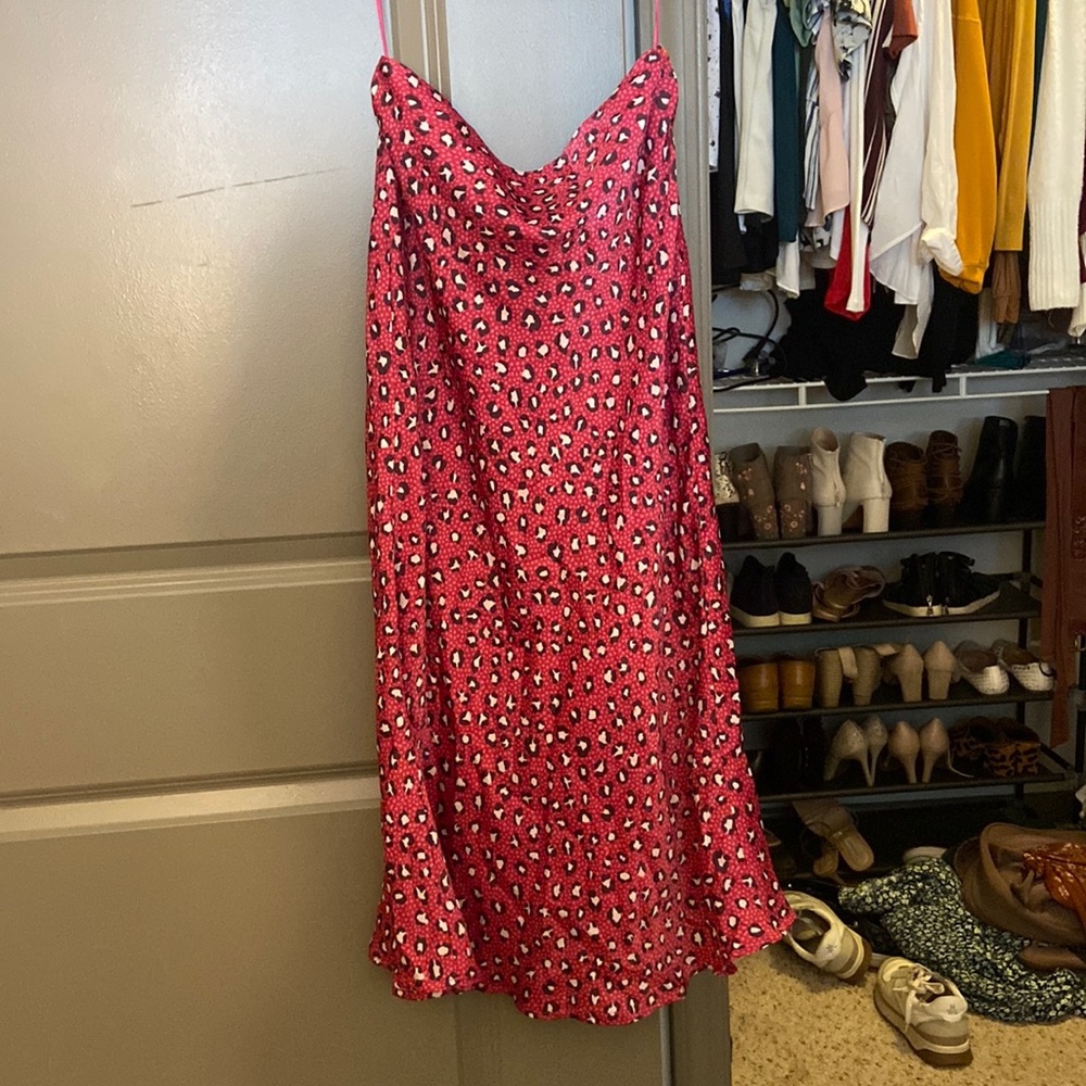 Pink leopard satin midi skirt.